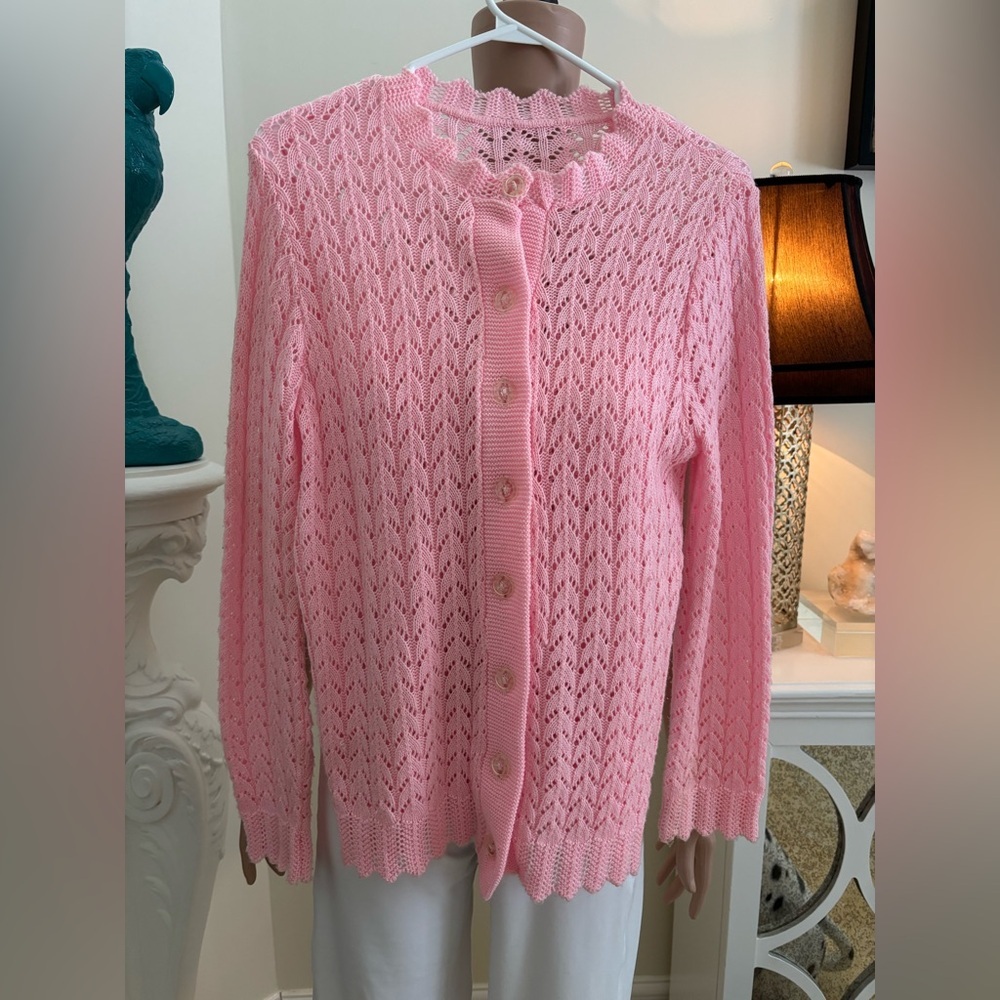 Pink Handmade Pointelle Knit Button-Up Sweater Cardigan - Picture 3 of 10